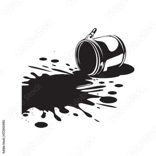 Creative black contour paint bucket spilling colorful splatters on white background. 