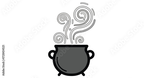 A simple black cauldron with steam swirling upwards, isolated on a white background.
