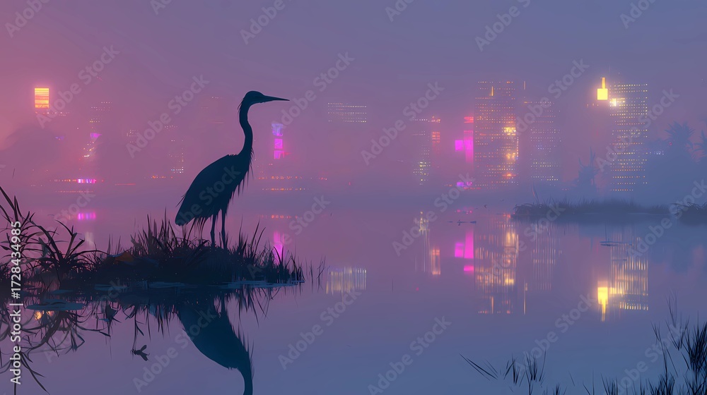 Fototapeta premium Reeds sway as heron watches water below, illustrating delicate balance of bird and habitat.