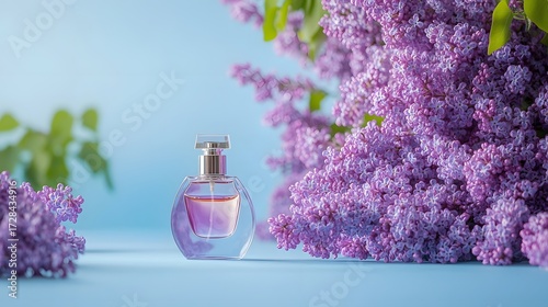 Lilac Perfume Bottle with Blooming Lilac Flowers on Blue Background