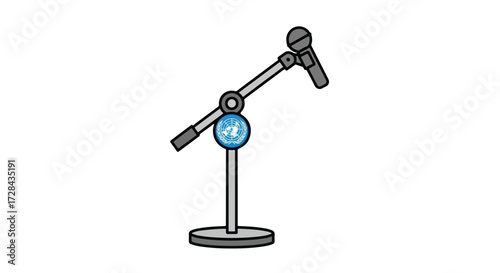 A simple cartoon illustration of a microphone on a stand, commonly used for recording, broadcasting, or live performances.
