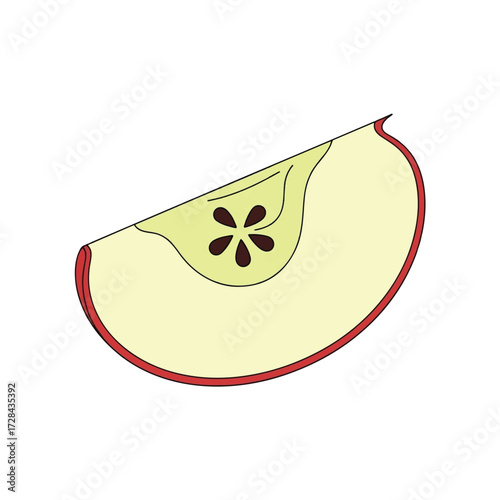 A single slice of apple showing the core with seeds and flesh, isolated on a white background.