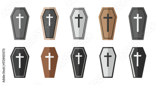 A collection of ten stylized coffin icons with crosses, in various shades of gray and brown, arranged in two rows on a white background.
