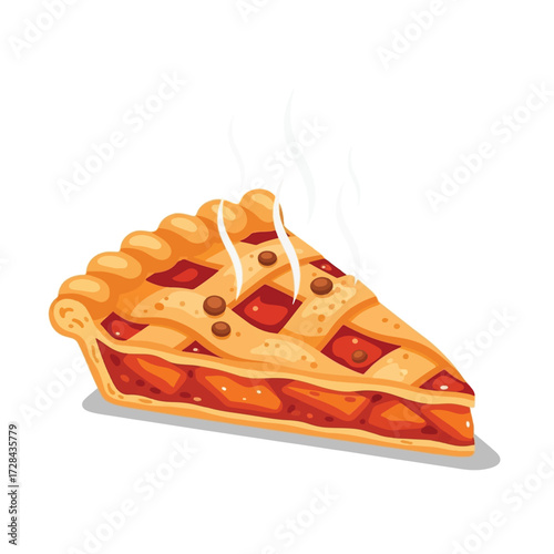 A delicious slice of steaming hot apple pie with a lattice crust, ready to be served.