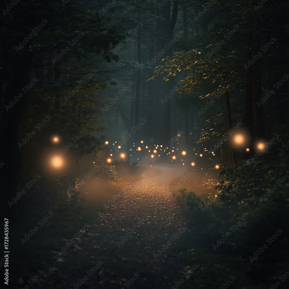 Fototapeta premium A dark forest path with floating balls of light—an ethereal glowing mist