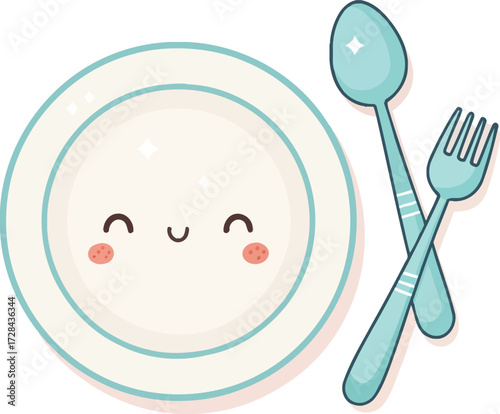 Whimsical cartoon illustration of happy plate and utensils for mealtime fun
