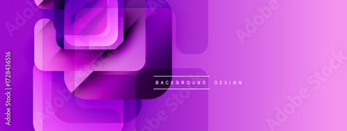 Abstract purple design features overlapping squares, rectangles. Gradient shades create modern, dynamic visual effect. Minimal text present.