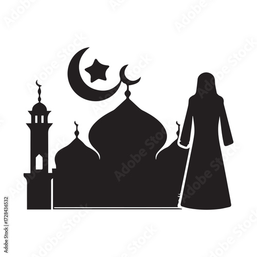  Set of Eid Al Fitr Celebration Icon Silhouettes Featuring Mosque Moon Star.