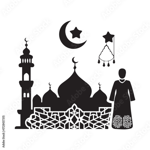 Set of Eid Al Fitr Celebration Icon Silhouettes Featuring Mosque Moon Star.
