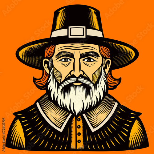 Vintage pilgrim man illustration bearded old style etching vector graphic scalable for your designs