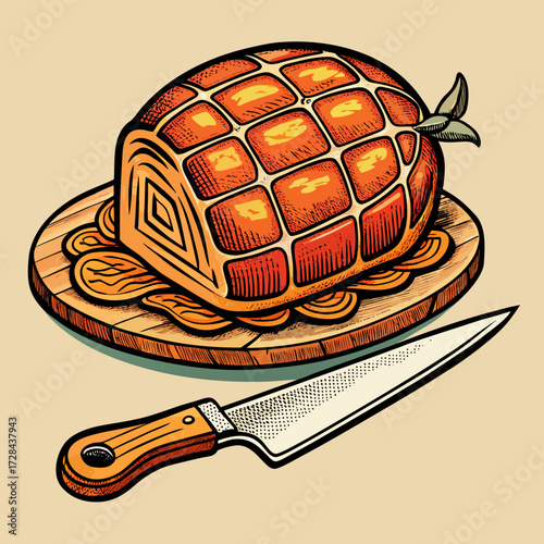Vector illustration of a traditional roasted ham with scoring and a carving knife in an old etching style