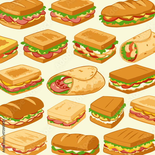 Cartoon sandwich pattern with various fillings and types displayed in a seamless pattern.
