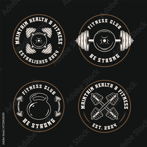 Vintage Fitness Badge Set with Dumbbell, Barbell, and Kettlebell Icons for modern gyms and athletic brands