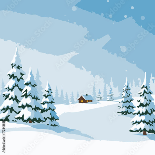 Winter wonderland scene with a cozy log cabin nestled in a snowy forest. Quiet winter landscape with snow-covered pines and a small cabin.