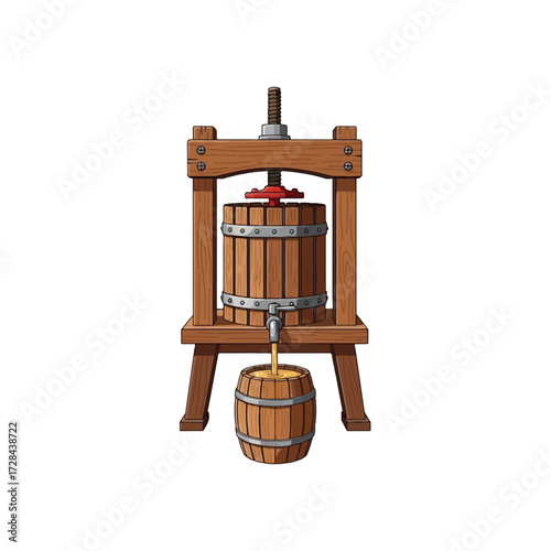 A wooden cider press with a barrel collecting the juice, illustrating the process of making apple cider.