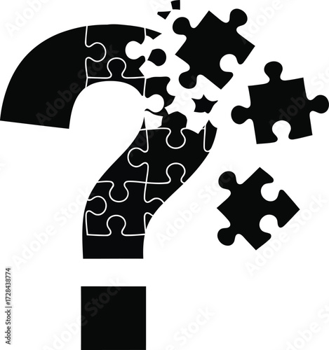 A question mark made of puzzle pieces is falling apart isolated on white background concept of confusion