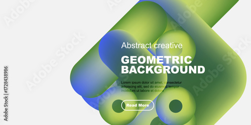 Abstract geometric background features vibrant green, blue shapes. Text includes geometric background, sample text, button. Minimalist design.