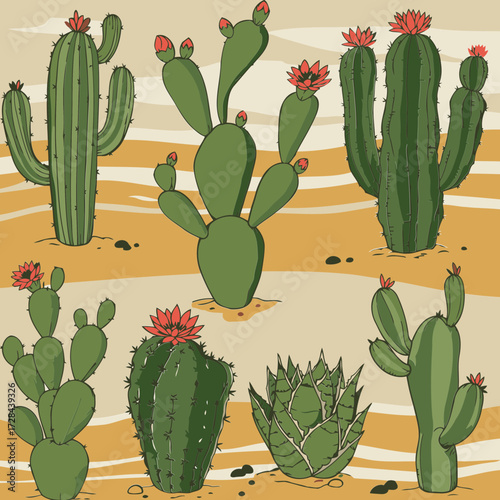 Desert cacti and succulents in a variety of shapes and sizes with red flowers. Colorful collection of desert plants in a sandy environment.