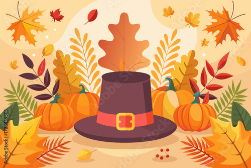 Minimal flat thanksgiving background illustration with pilgrim hat and autumn leaves for festive designs