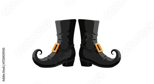Pair of black witch boots with curled toes and gold buckles, isolated on white.