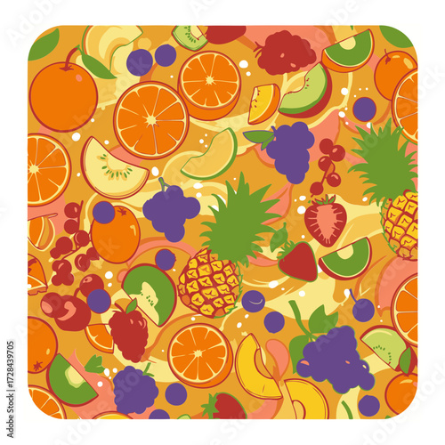 Fruit pattern with vibrant colors in a seamless design. Colorful fruit slices and whole fruits in a swirling pattern.