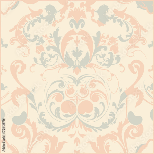 Pale pastel floral damask design with vintage style. Ornate pattern with delicate curves and flowers in peach, sage, and cream tones on a light beige background.