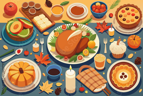 Vibrant top view thanksgiving dinner illustration featuring delicious food elements scalable vector