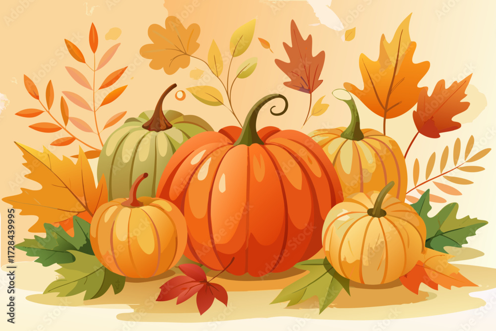 Naklejka premium Watercolor style thanksgiving background featuring pumpkins and autumn leaves festive vector illustration