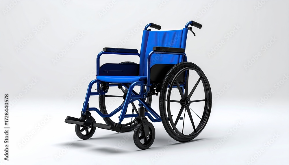 Fototapeta premium A blue manual wheelchair with patterned backrest, shown on a plain white background, angled slightly to the left, displaying its features clearly