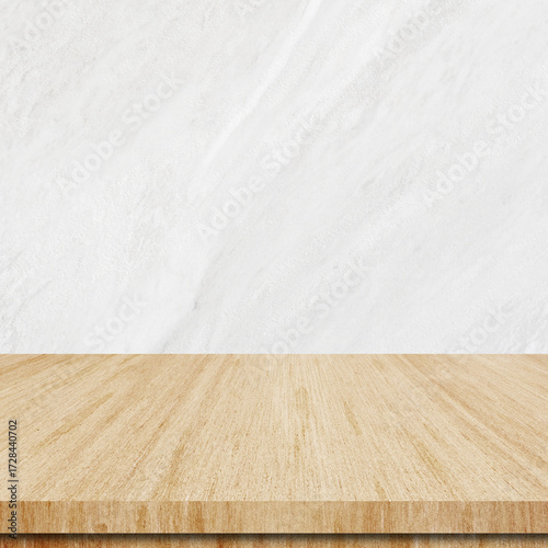 Wood table and white marble wall background in kitchen, Wooden shelf, counter for food and product display in room background, Wood table top, desk surface banner, mockup, template