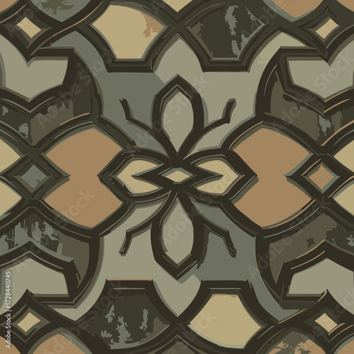 Ornate decorative pattern with muted tones in beige, gray, and green, showcasing an intricate, repeating design.
