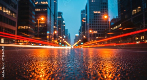 Urban Nightscape with Dynamic Light Trails and Wet Street Reflections