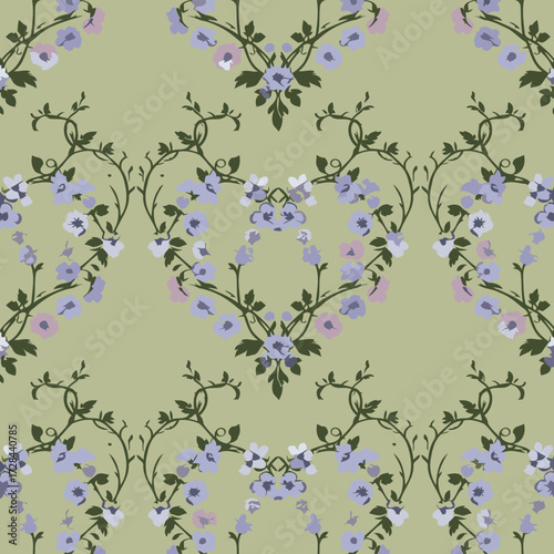 Floral design with pastel shades of purple and pink flowers on a sage green background. Heart-shaped floral motifs with stylized vines create a repeating pattern.