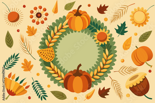 Thanksgiving harvest wreath pattern with pumpkins acorns wheat and fall leaves vector illustration