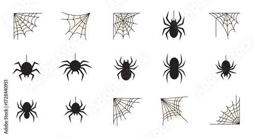 A collection of black silhouette icons featuring various spiders and corner spiderwebs, isolated on a white background.