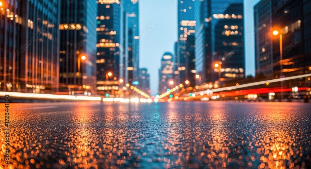 Fototapeta premium Abstract Cityscape at Night with Blurred Traffic Light Trails and Reflective Wet Street