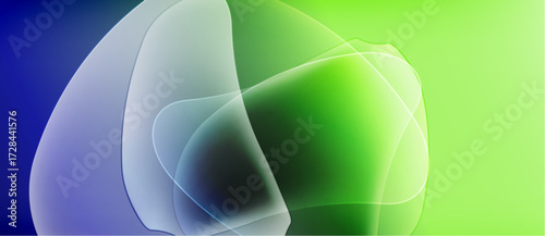 Abstract fluid shapes blend, creating vibrant color gradients. Blue transitions to green, suggesting movement, energy, depth. Soft lighting enhances visual appeal.