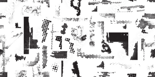 Glitch distorted grungy abstract forms . Halftone dots seamless pattern texture. Grange shapes .Grunge textured . Vector shapes with half tone dots .Screen print endless pattern texture
