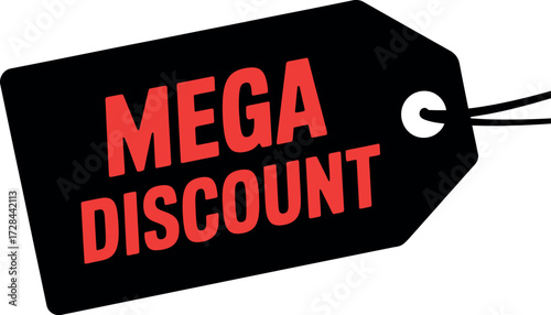 A black tag with the words mega discount in red with a white string attached to it