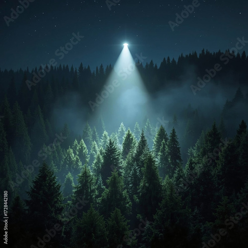A bright beam of light from an unidentified flying object illuminates a dense pine forest.