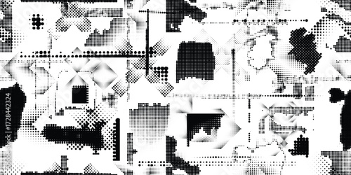 Glitch distorted grungy abstract forms . Halftone dots seamless pattern texture. Grange shapes .Grunge textured . Vector shapes with half tone dots .Screen print endless pattern texture