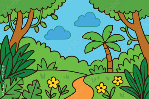 Landscape cartoon jungle with sky scenery for children book design.