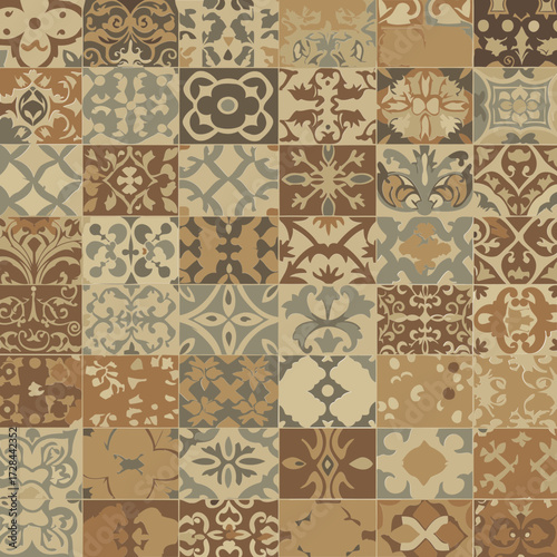 Decorative, patterned floor tile, featuring an assortment of ornate, vintage designs in muted tones. Mosaic tile pattern with neutral colors and varied floral and geometric designs.