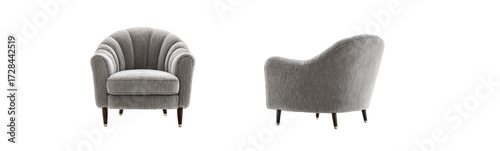 Gray upholstered armchairs, front and side views