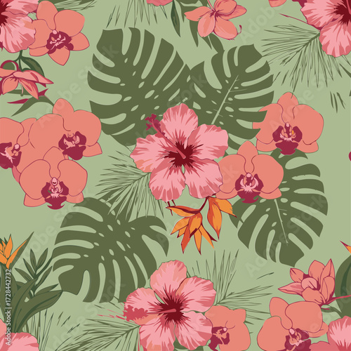 Tropical floral pattern with vibrant hibiscus, orchids, and monstera leaves in a soft, pastel green background. Beautiful arrangement of flowers and foliage for various design uses.