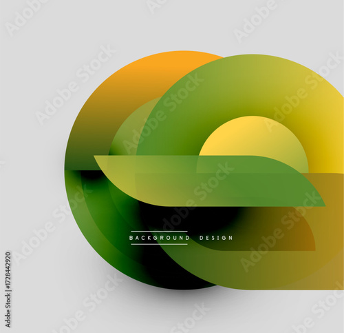 Abstract geometric shapes overlap, creating vibrant gradients. Yellows, greens, oranges blend smoothly. Minimalist design, modern aesthetic.