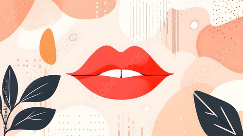 Abstract Red Lips with Botanical Leaves and Organic Shapes
