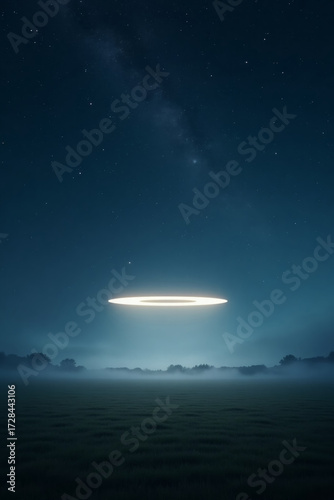 A night sky with a mysterious glowing disk hovering over a rural field—a realistic starry sky, a slight haze.