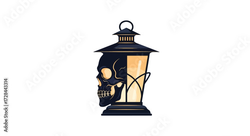 A spooky lantern with a skull design on one side and a glowing light on the other.