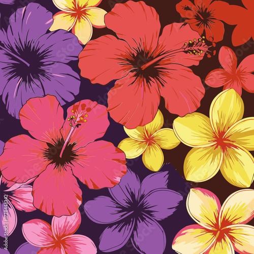 Vibrant floral pattern with hibiscus and plumeria in various shades of red, purple, pink, and yellow on a dark background. Detailed graphic design with a tropical, summery theme.